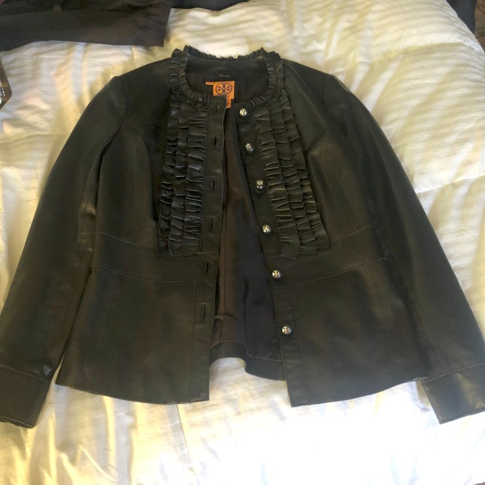 Tory Burch Soft Black Leather Jacket with Ruffle